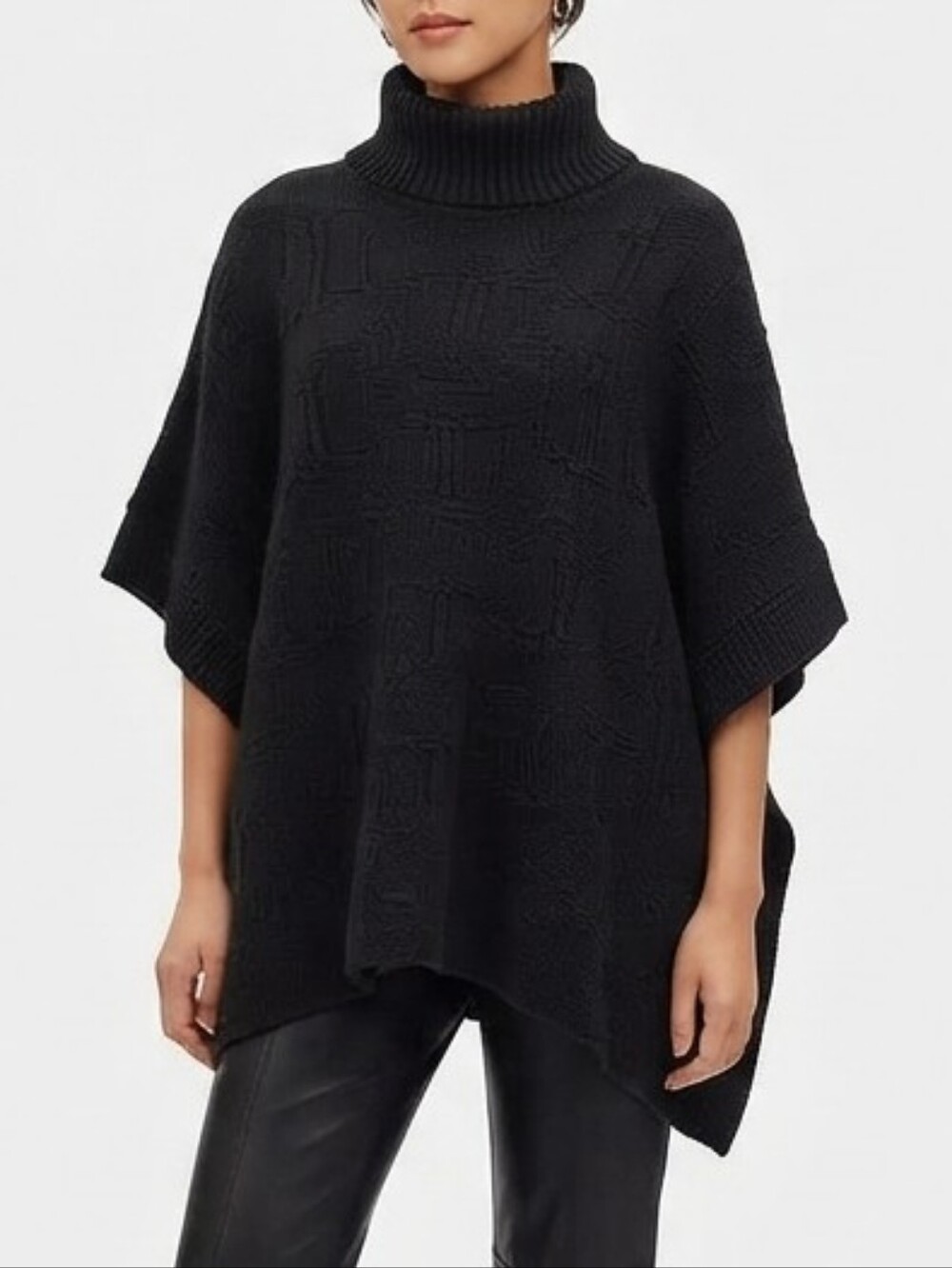Coach Signature Knit Black Poncho Wool Blend High Neck Sz S Cozy Old Money Prep